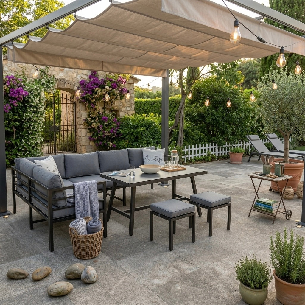 Wo Design auf Draußen trifft: Exklusive Lounge-Kultur für höchste Ansprüche - Unser Alu Dining Lounge Set Lardo mit 3in1 Funktion / Wetterfest inkl Auflagen