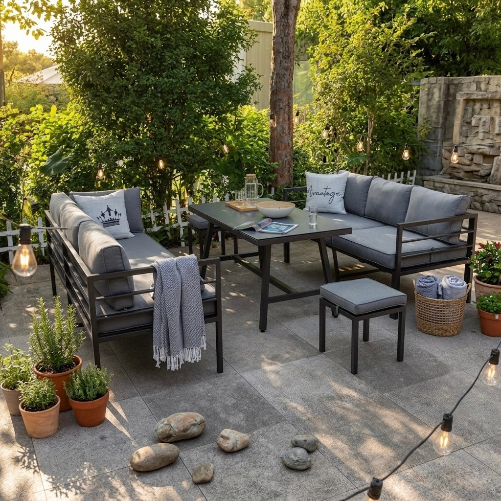 Wo Design auf Draußen trifft: Exklusive Lounge-Kultur für höchste Ansprüche - Unser Alu Dining Lounge Set Lardo mit 3in1 Funktion / Wetterfest inkl Auflagen