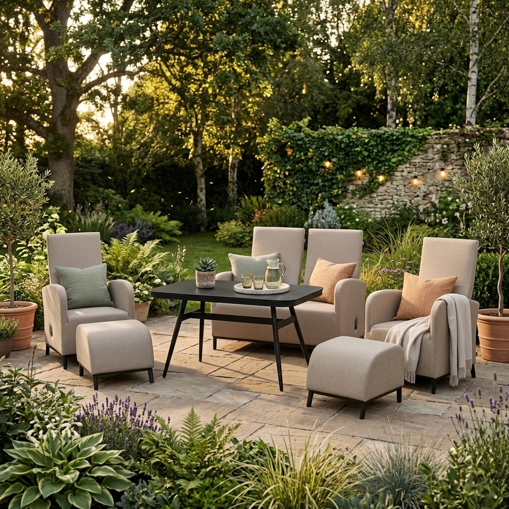 ☀️ AUS DER AUSSTELLUNG ☀️ Outdoor Dining Lounge Set Oasis 100% wetterfest LIKA-TEX® Bezug sand (natur) / Rücken verstellbar