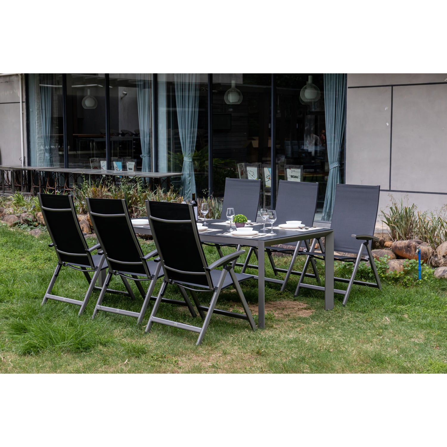 7 tlg. XXL Aluminium Dining Set Avantage Dark Moon inkl. Dining Tisch Lyon 220 x 100cm