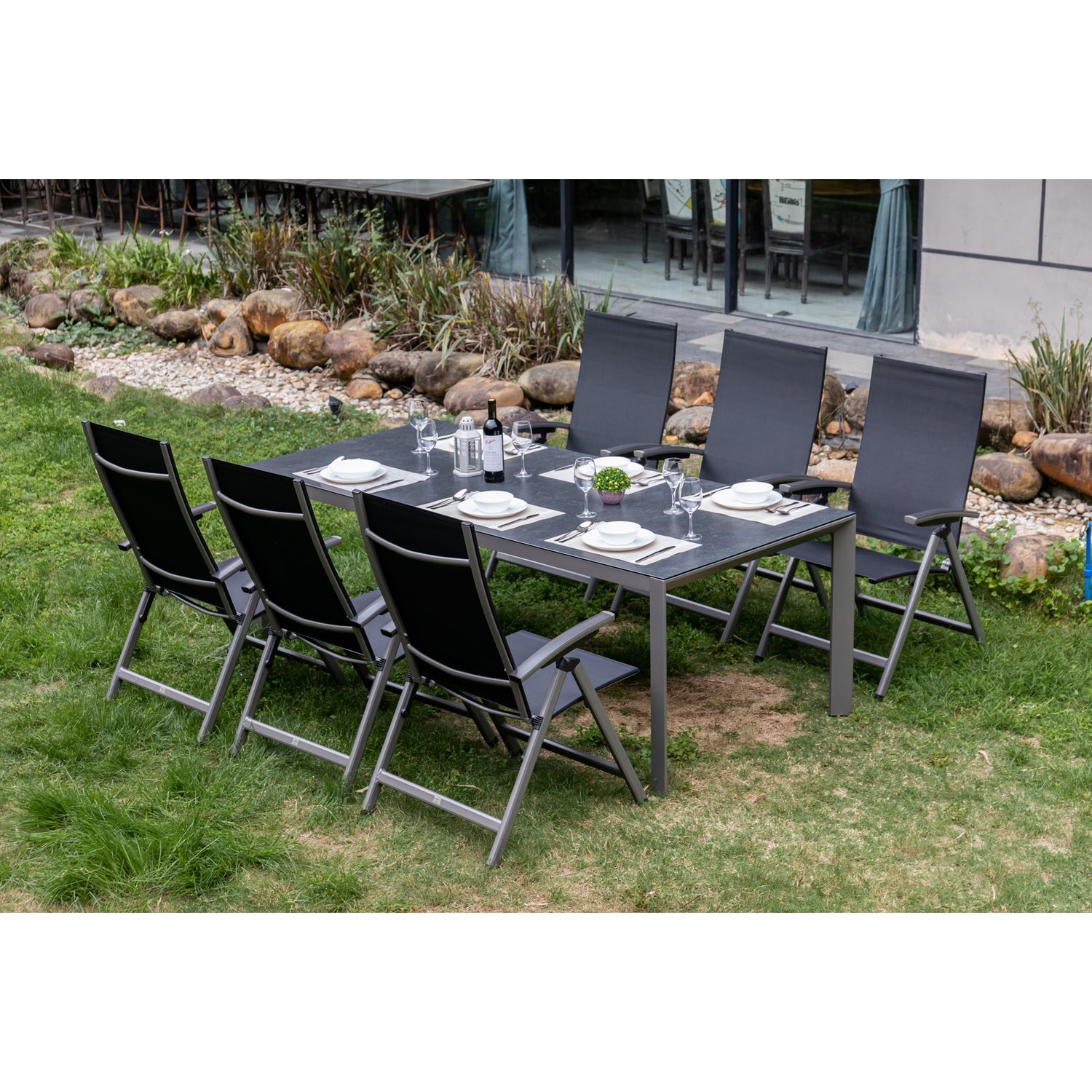 7 tlg. XXL Aluminium Dining Set Avantage Dark Moon inkl. Dining Tisch Lyon 220 x 100cm