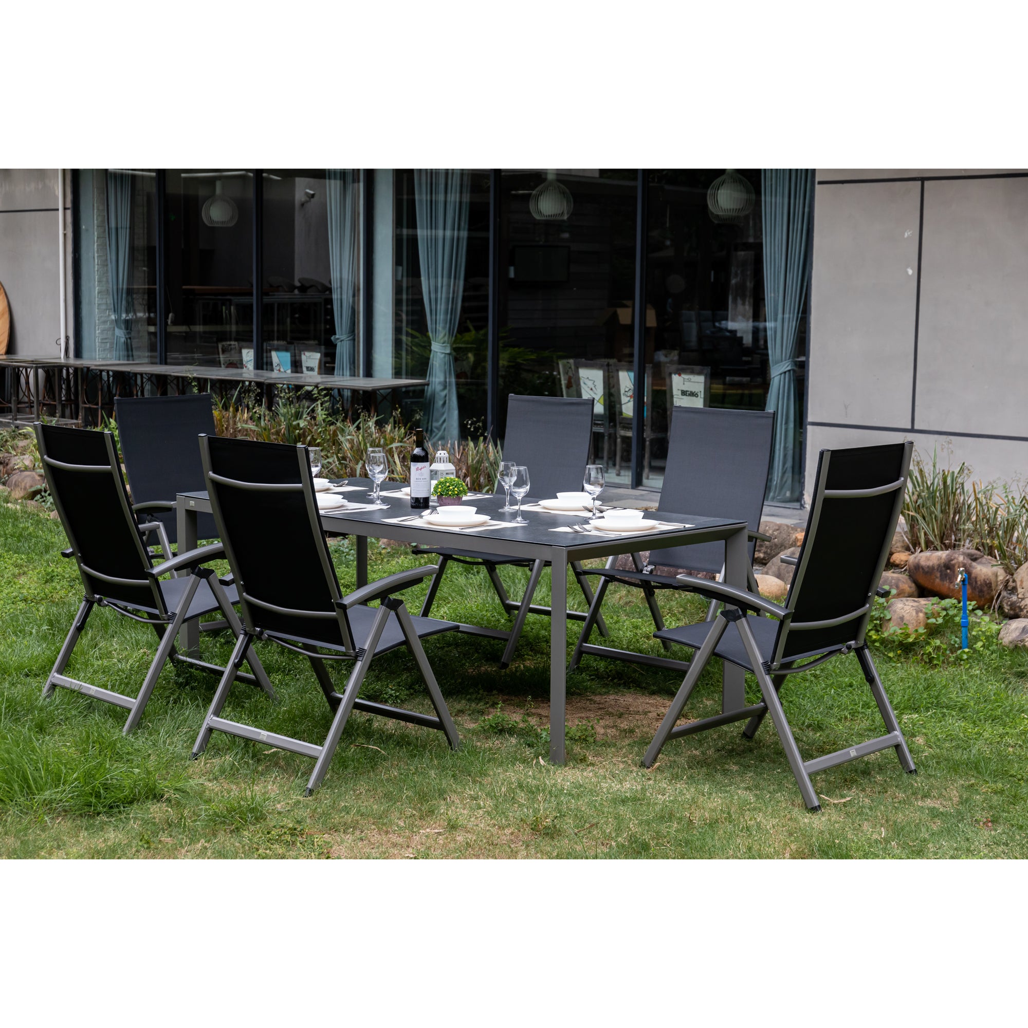 7 tlg. XXL Aluminium Dining Set Avantage Dark Moon inkl. Dining Tisch Lyon 220 x 100cm