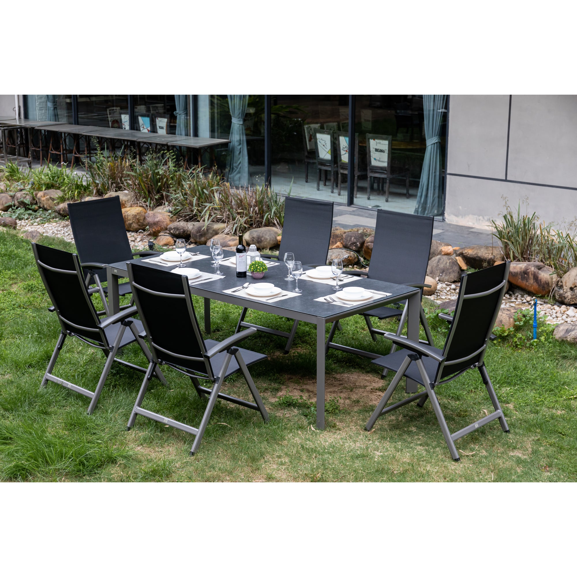 7 tlg. Premium Dining Set / Essgruppe Avantage Dark Moon inkl. Dining Tisch Lyon 220 x 100cm