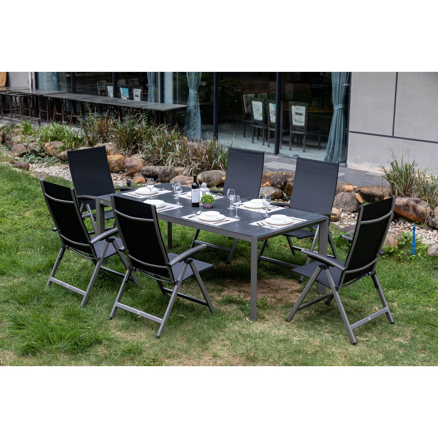 7 tlg. XXL Aluminium Dining Set Avantage Dark Moon inkl. Dining Tisch Lyon 220 x 100cm