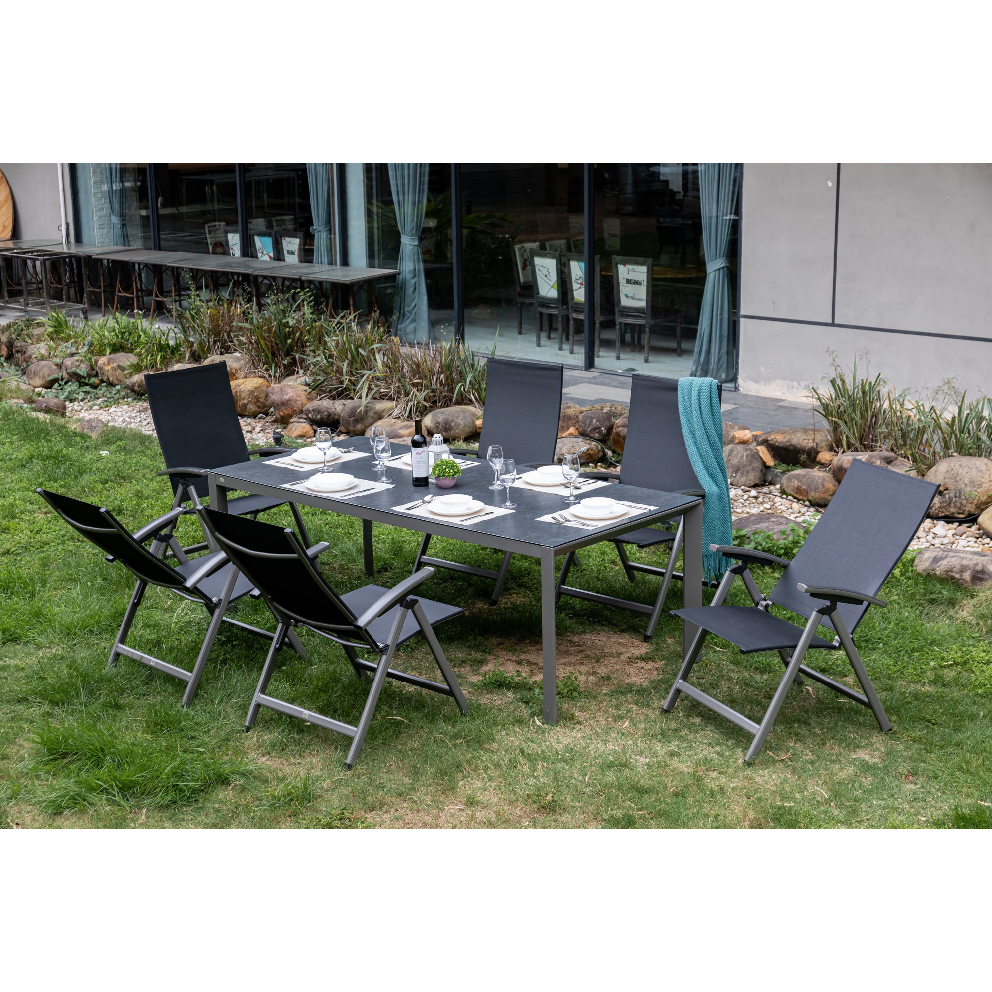 7 tlg. Premium Dining Set / Essgruppe Avantage Dark Moon inkl. Dining Tisch Lyon 220 x 100cm