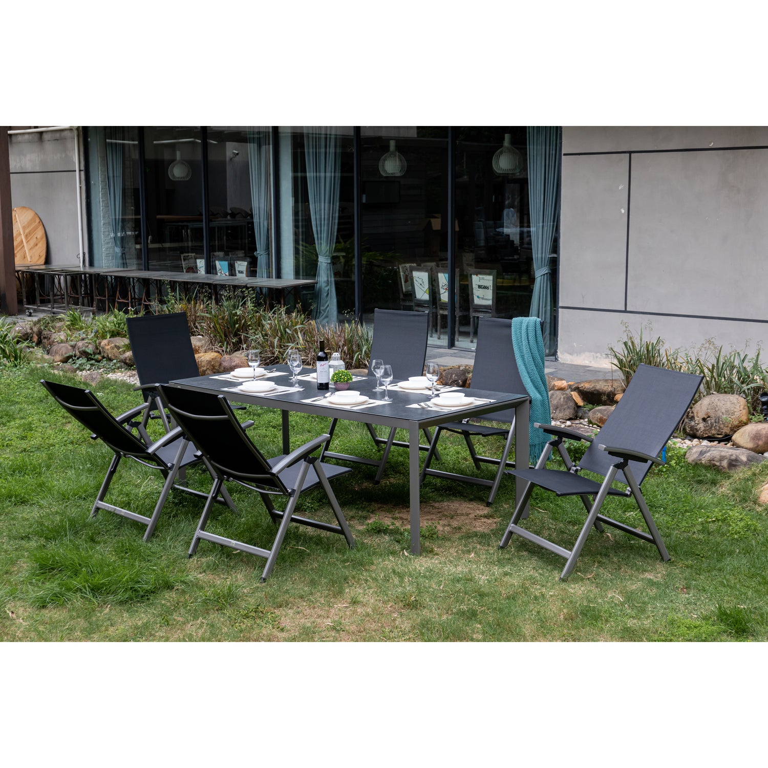 7 tlg. XXL Aluminium Dining Set Avantage Dark Moon inkl. Dining Tisch Lyon 220 x 100cm