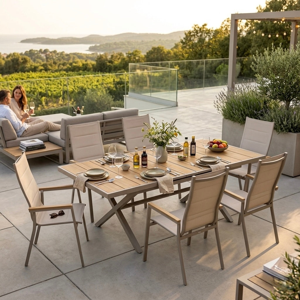 ☀️ NUR NOCH 1x VERFÜGBAR ☀️  7-tlg. Dining Gruppe Meran XL Natur / Aluminium kombiniert mit Nonwood - Teak Look Elementen