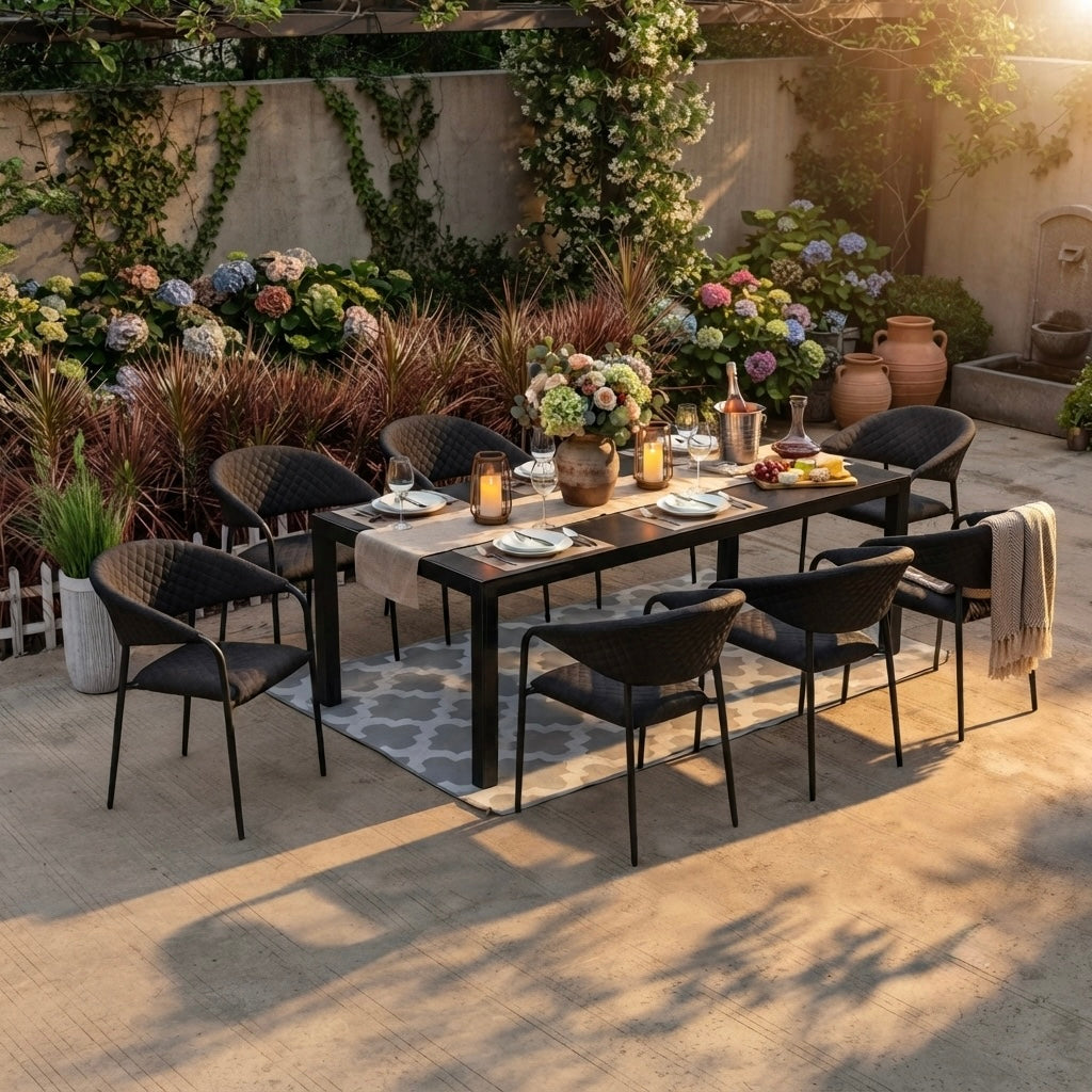 SUMMER SALE ☀️⛱️🏝️  Essgruppe Puro  - bestehend aus: Tisch Luna Stellar + 8 x Stapelsessel Puro 100% wetterfest LIKA-TEX® Bezug Lava