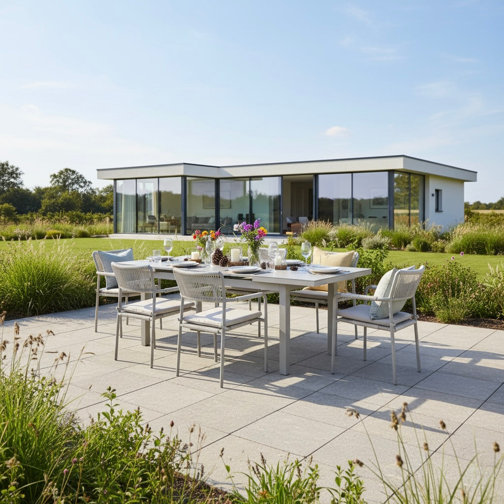 Premium! Essgruppe Madri / Kombination aus: Stapelsessel &amp; Sintered Stone Ausziehtisch