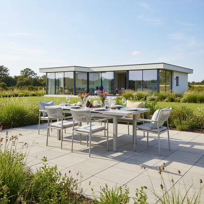 Premium! Essgruppe Madri / Kombination aus: Stapelsessel &amp; Sintered Stone Ausziehtisch