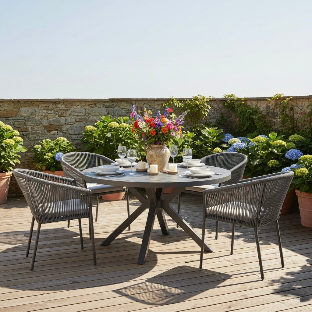 Gartenmöbel Set / Essgruppe Manhattan bestehend: 4 x Stapelsessel Rope / Aluminium und 1 x Tisch rund Ø120cm