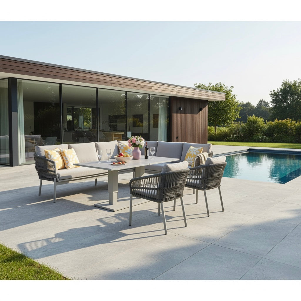 XXL Luxus: Aluminium / Rope Dining Ecklounge Set Solara inkl. 2 Sessel &amp;  höhenverstellbare Tisch variabel stellbar