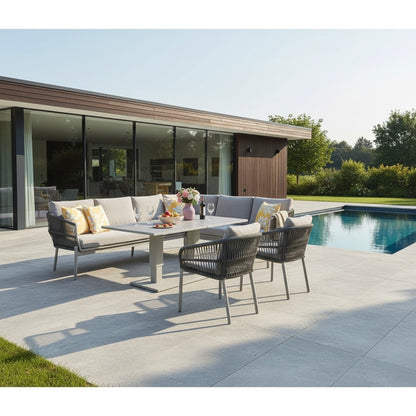 XXL Luxus: Aluminium / Rope Dining Ecklounge Set Solara inkl. 2 Sessel &amp;  höhenverstellbare Tisch variabel stellbar