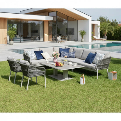 XXL Luxus: Aluminium / Rope Dining Ecklounge Set Solara inkl. 2 Sessel &amp;  höhenverstellbare Tisch variabel stellbar