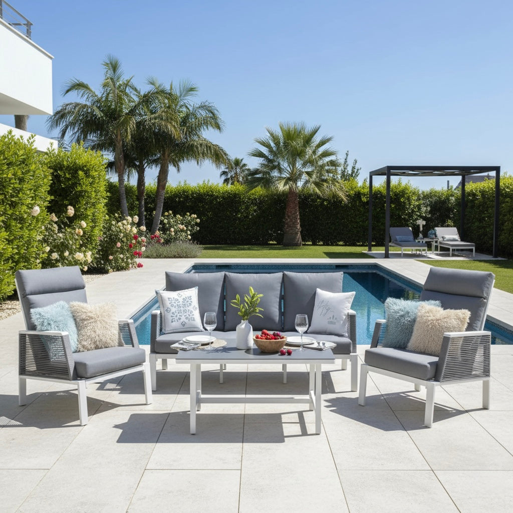 Eleganz in Weiß &amp; Grau... Lounge Set Matera Alu / Rope, extra hoher Rücken zum bequemen verweilen