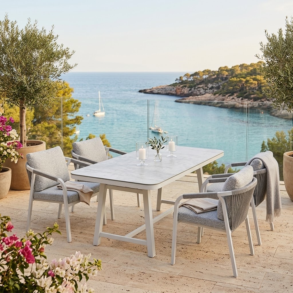 ✨ SEPTEMBER SPECIAL 🍂  LUXUS PUR! 5 tlg. Dining Set Harvey in der Farbe Off White / wetterfest