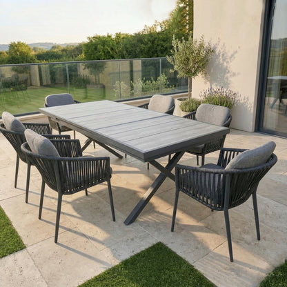7 tlg. Essgruppe Alu / Nonwood / Rope Essgruppe mit Ausziehtisch -  Liora grau + Meran- bestehend aus: 6x Liora Stapelsessel + Meran Ausziehtisch 186 / 246 × 100 × 76,5 cm