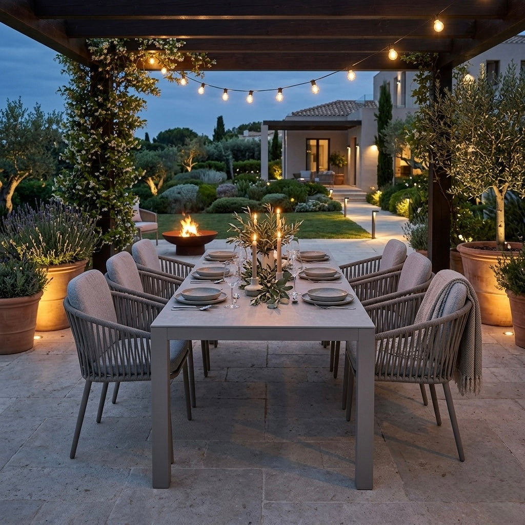 Stilvolle Outdoor-Eleganz für 6 Personen - moderne Essgruppe Liora - 6 x Stapelsessel Liora inkl Auflagen + Esstisch Madri sintered Stone 220x100x74,5 cm