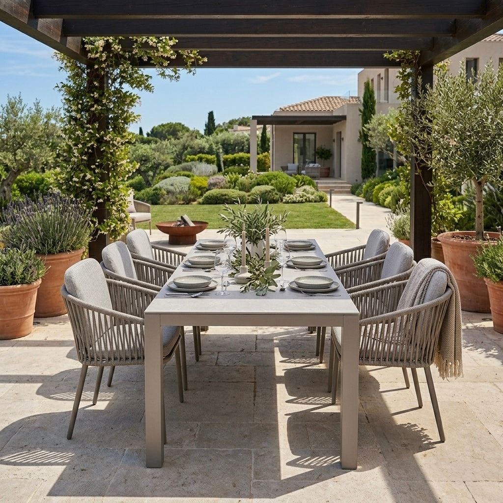 Stilvolle Outdoor-Eleganz für 6 Personen - moderne Essgruppe Liora - 6 x Stapelsessel Liora inkl Auflagen + Esstisch Madri sintered Stone 220x100x74,5 cm