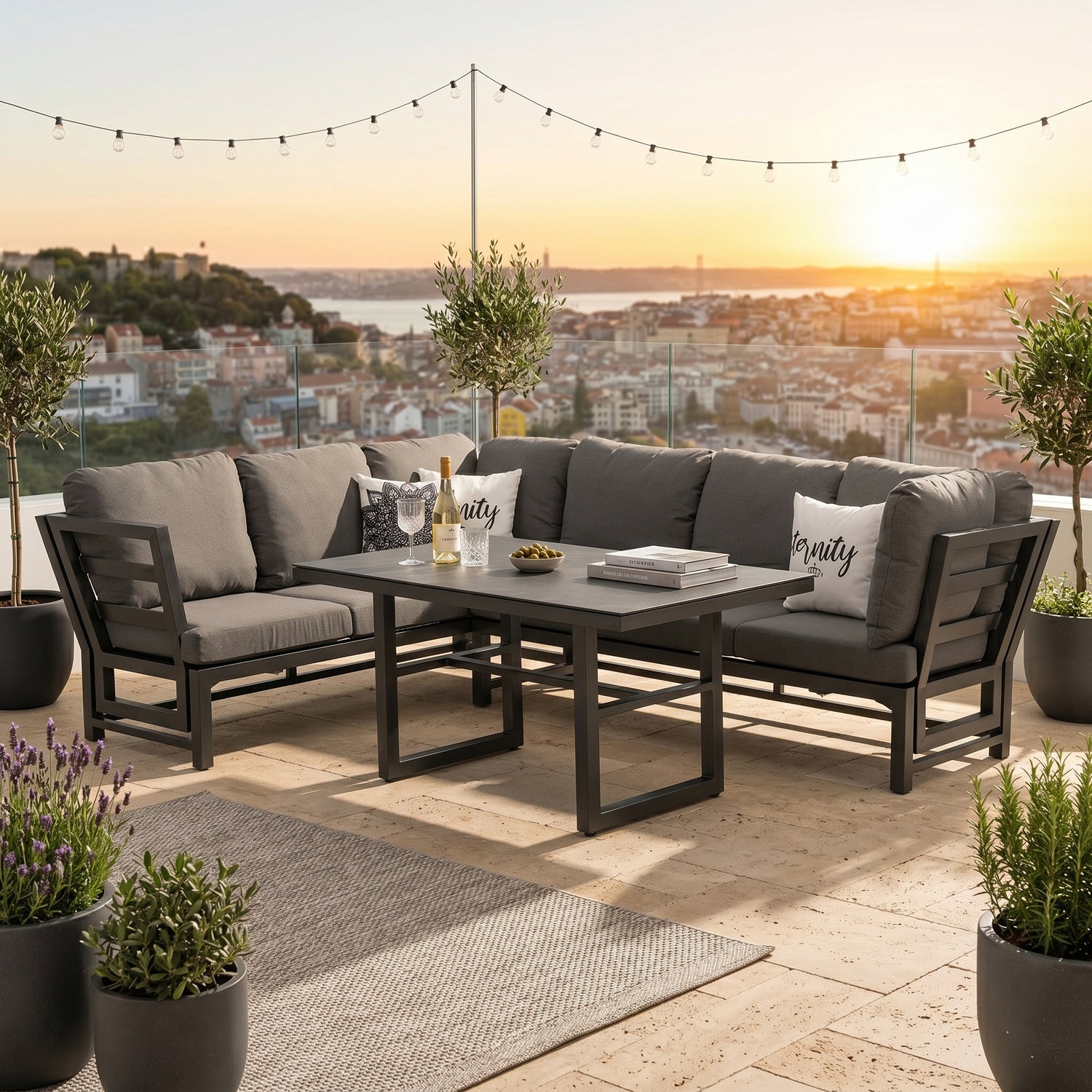 AUS DER AUSSTELLUNG ☀️ Alu Dining Lounge Set Kaprun 3in1 Funktion mit 100% wetterfestem LIKA-TEX® Bezug in grau