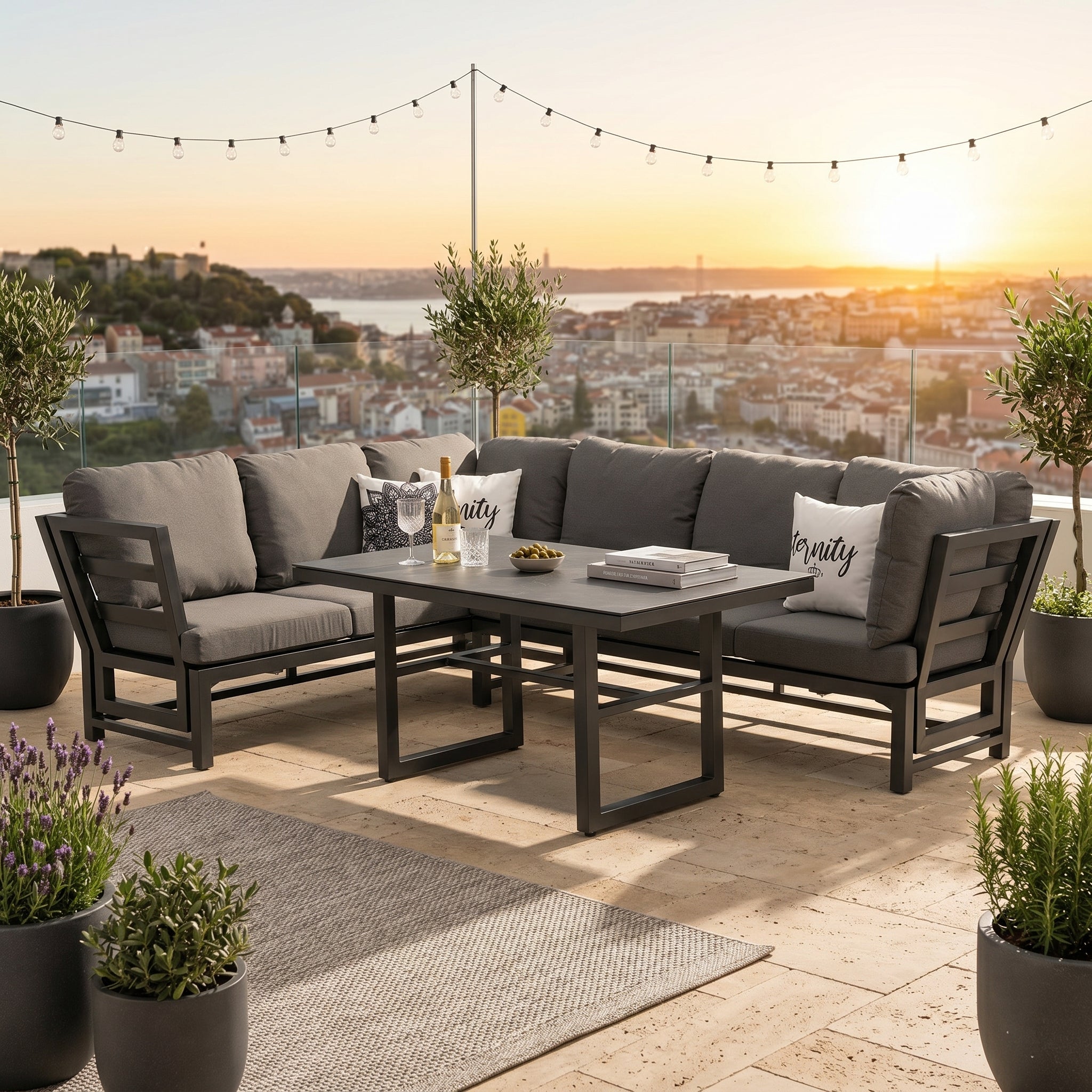 AUS DER AUSSTELLUNG ☀️ Alu Dining Lounge Set Kaprun 3in1 Funktion mit 100% wetterfestem LIKA-TEX® Bezug in grau