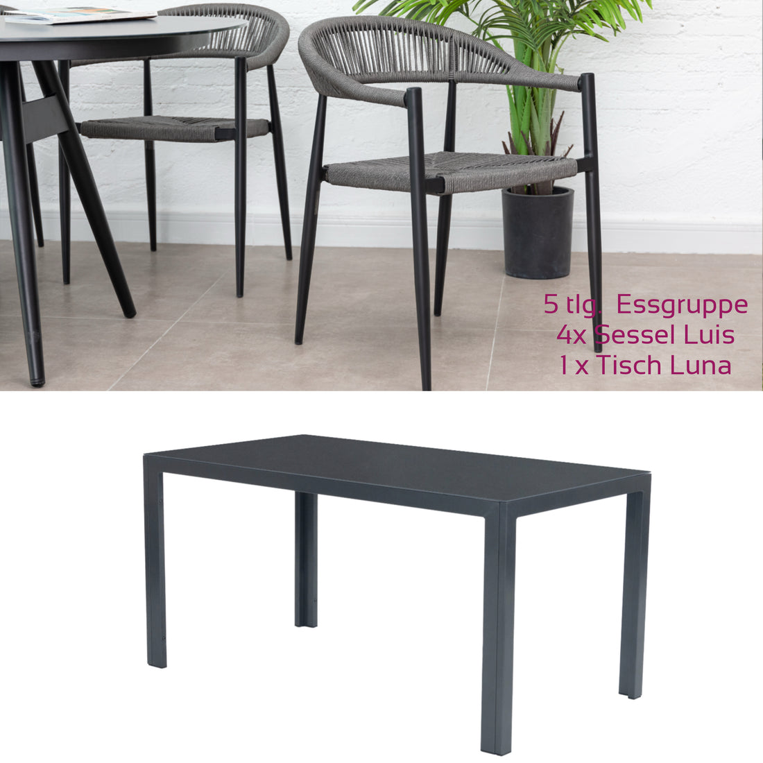 5 tlg. Alu / Polyrope Cord Essgruppe Luis grau + Luna - bestehend aus: 4x Luis Stapelsessel + Luna Tisch 150x80x74 cm