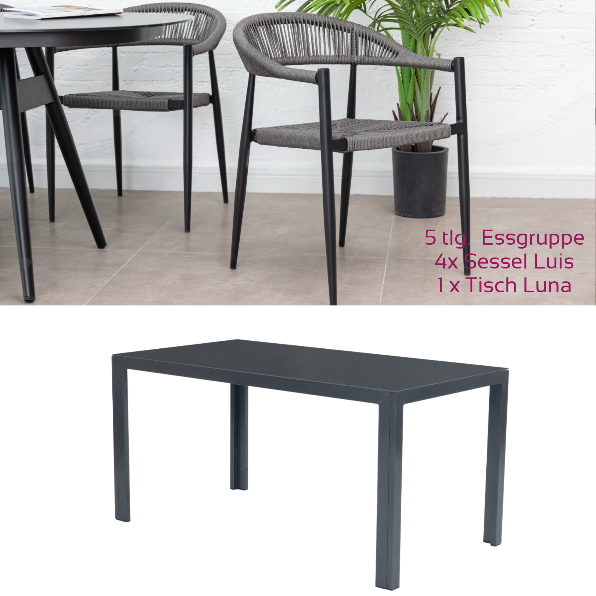 5 tlg. Alu / Polyrope Cord Essgruppe Luis grau + Luna - bestehend aus: 4x Luis Stapelsessel + Luna Tisch 150x80x74 cm