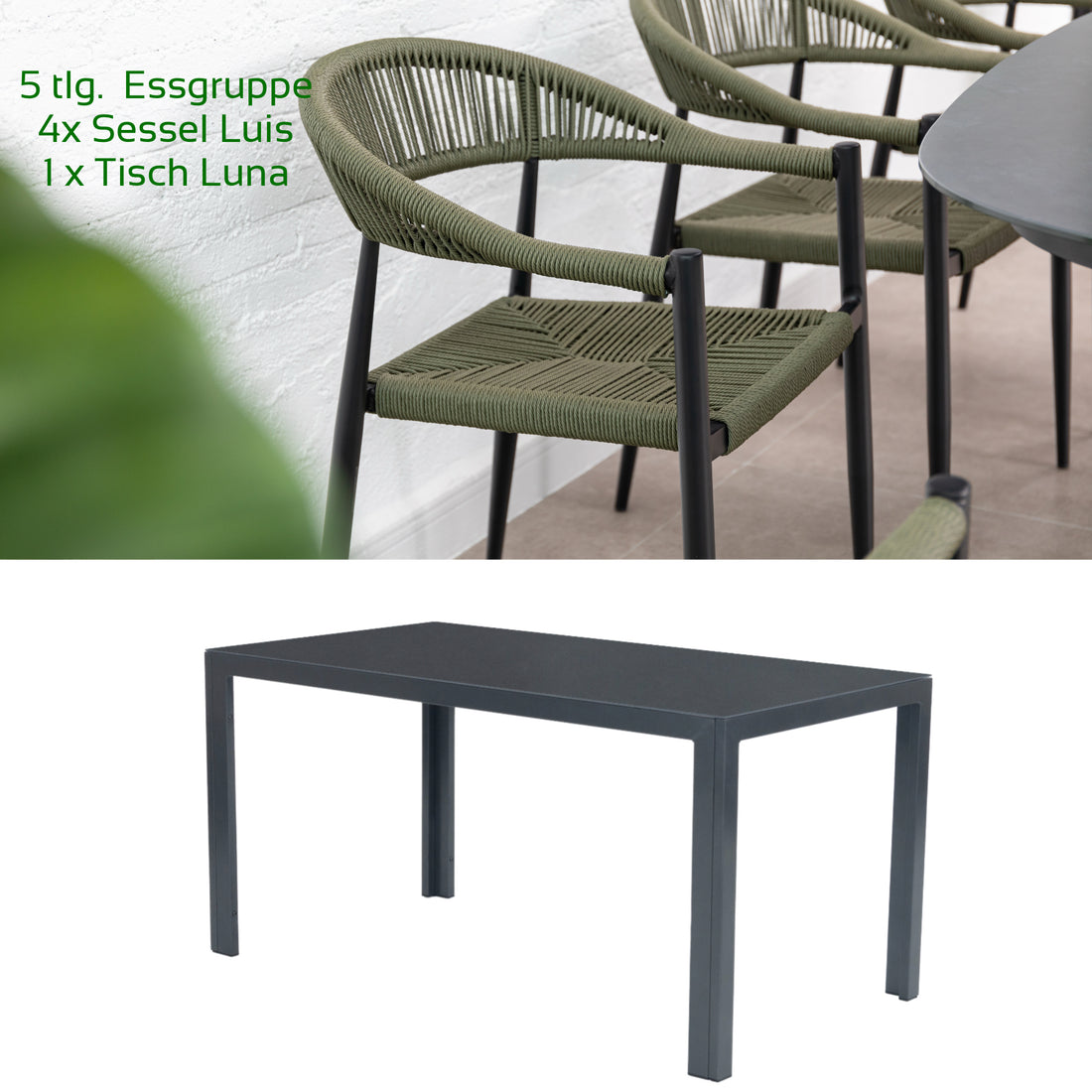 5 tlg. Alu / Polyrope Cord Essgruppe Luis grün + Luna - bestehend aus: 4x Luis Stapelsessel + Luna Tisch 150x80x74 cm