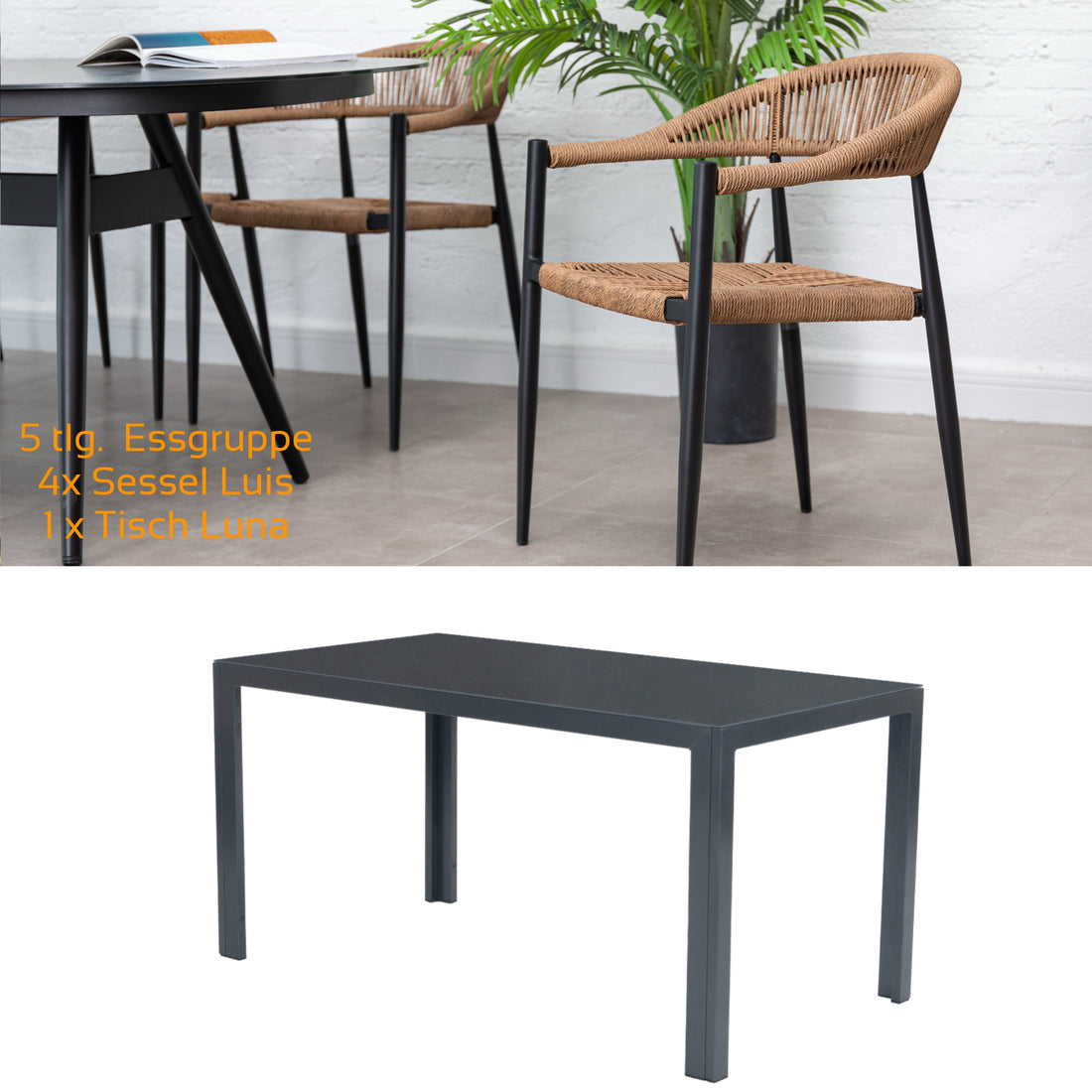 5 tlg. Alu / Polyrope Cord Essgruppe Luis natur + Luna - bestehend aus: 4x Luis Stapelsessel + Luna Tisch 150x80x74 cm