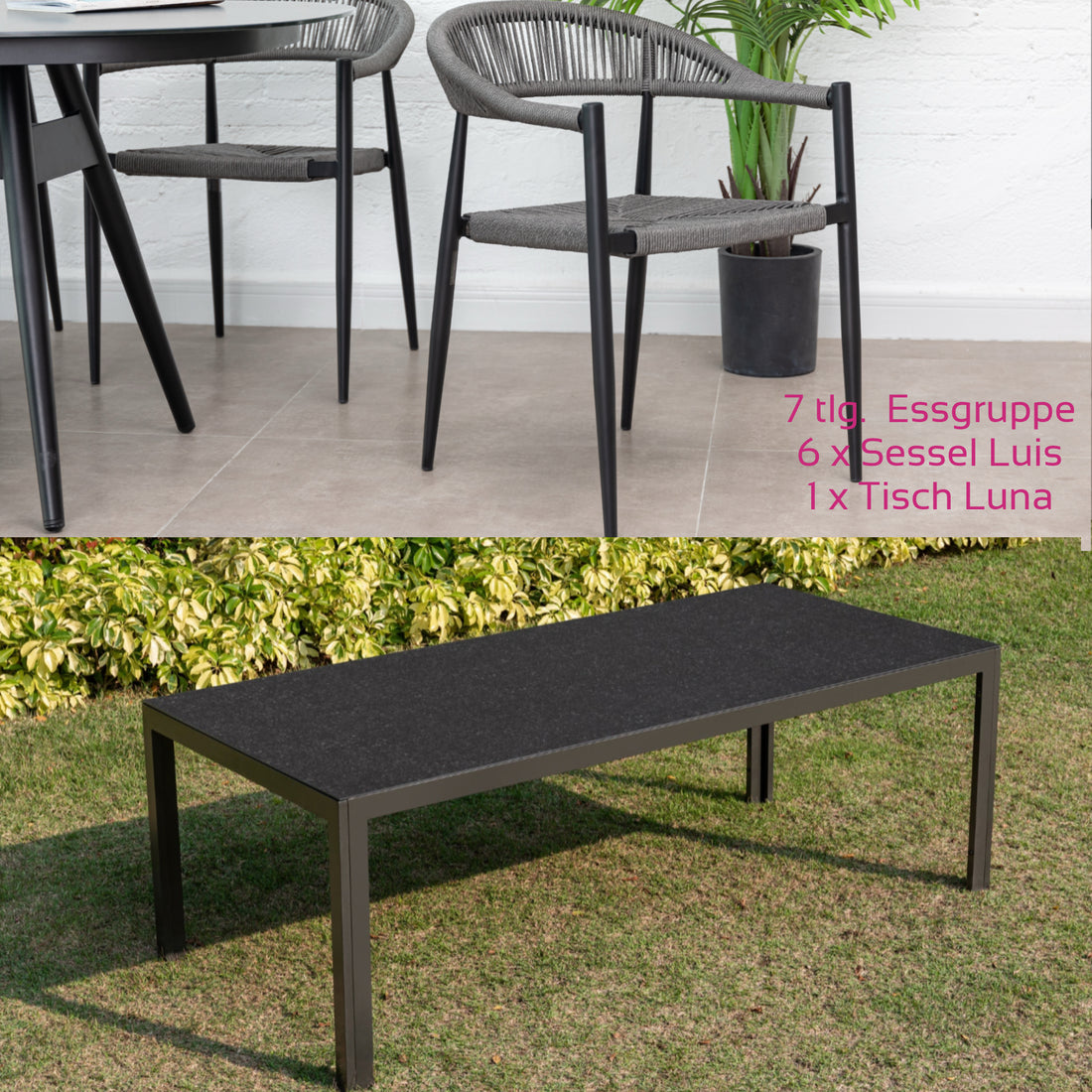7 tlg. Alu / Polyrope Cord Essgruppe Luis grau + Luna - bestehend aus: 6x Luis Stapelsessel + Luna Tisch 220x100x74 cm