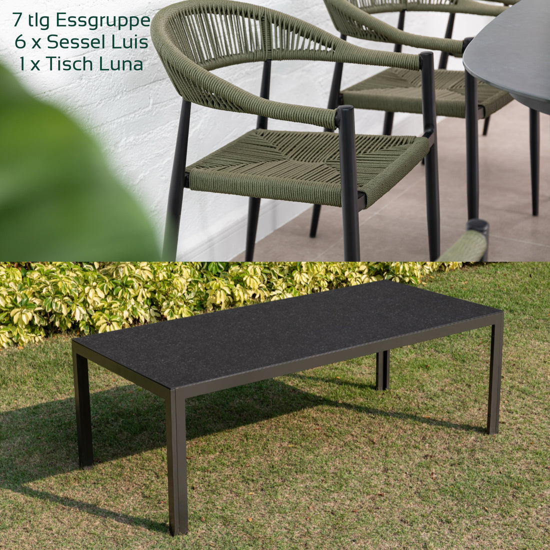 7 tlg. Alu / Polyrope Cord Essgruppe Luis grün + Luna - bestehend aus: 6x Luis Stapelsessel + Luna Tisch 220x100x74 cm