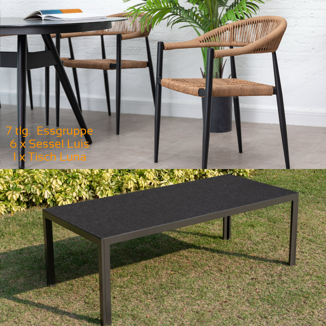 7 tlg. Alu / Polyrope Cord Essgruppe Luis natur + Luna - bestehend aus: 6x Luis Stapelsessel + Luna Tisch 220x100x74 cm