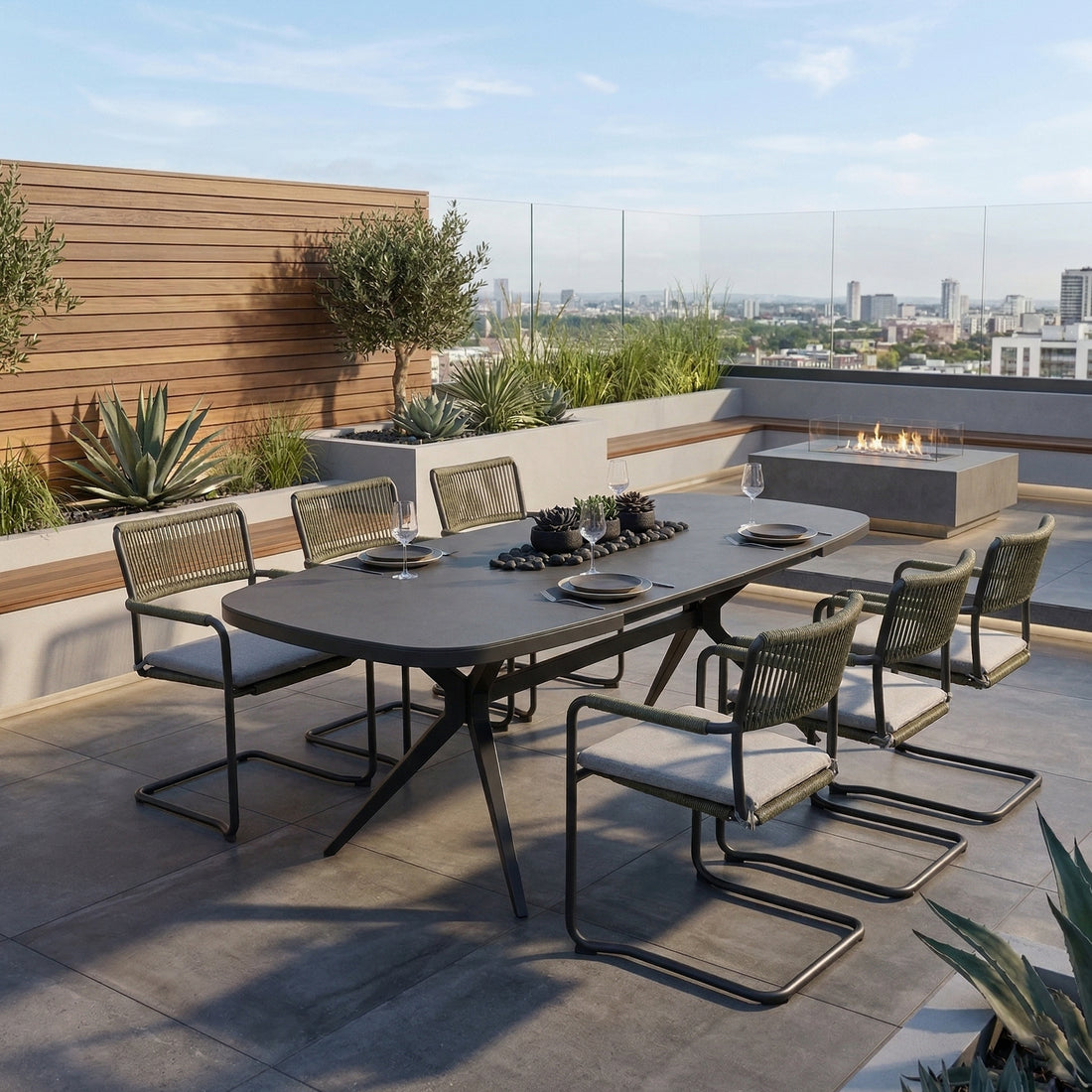 PREMIUM! Essgruppe / Dining Set MADRI VERDE Schwinger &amp; AURORA NERO DESIGN Ausziehtisch
