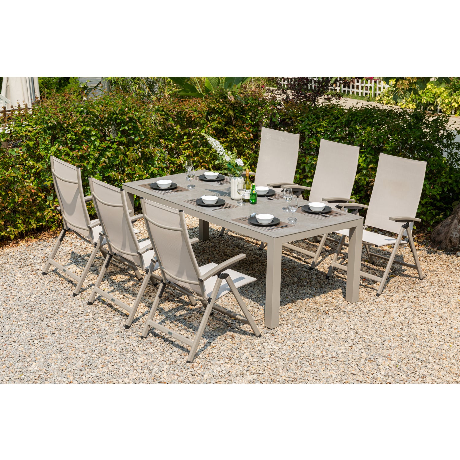 TRENDALARM: 7 tlg. Aluminium Essgruppe Madri + Avantage, bestehend aus: Tisch Madri + 6x Klappsessel Avantage creme beige / moon