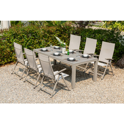 TRENDALARM: 7 tlg. Aluminium Essgruppe Madri + Avantage, bestehend aus: Tisch Madri + 6x Klappsessel Avantage creme beige / moon