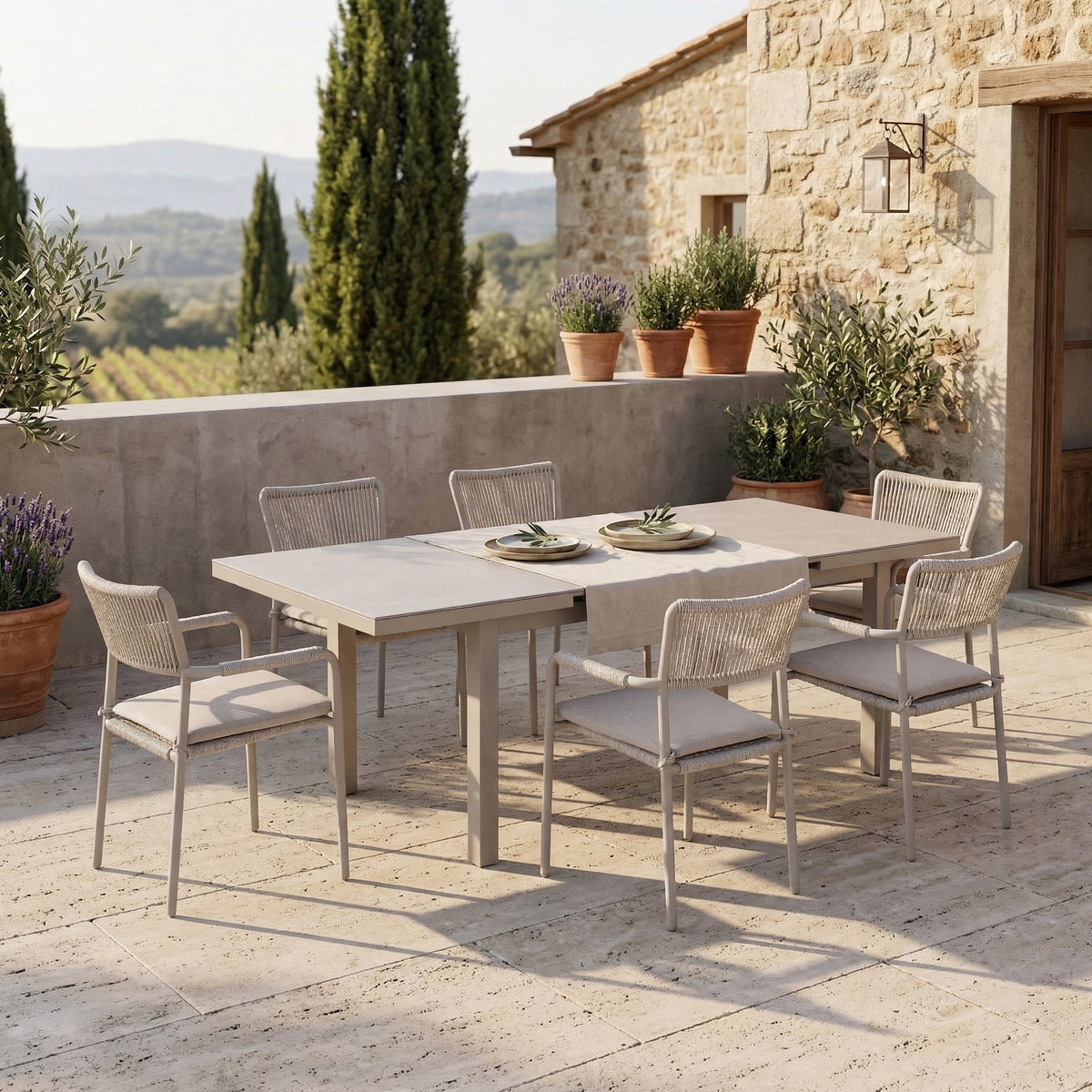 13 tlg. Premium Essgruppe Madri / 6x Stapelsessel & Sintered Stone Aus – Mandalika Outdoor & Living Products GmbH