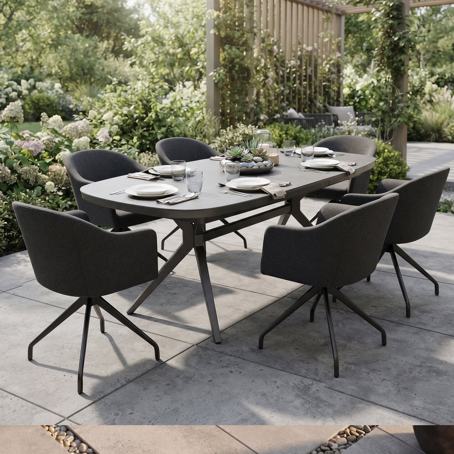 Dining-Set AURORA – Ausziehtisch mit 6 Nixon Lava Outdoor-Drehsesseln Sesseln - 100% wetterfest!