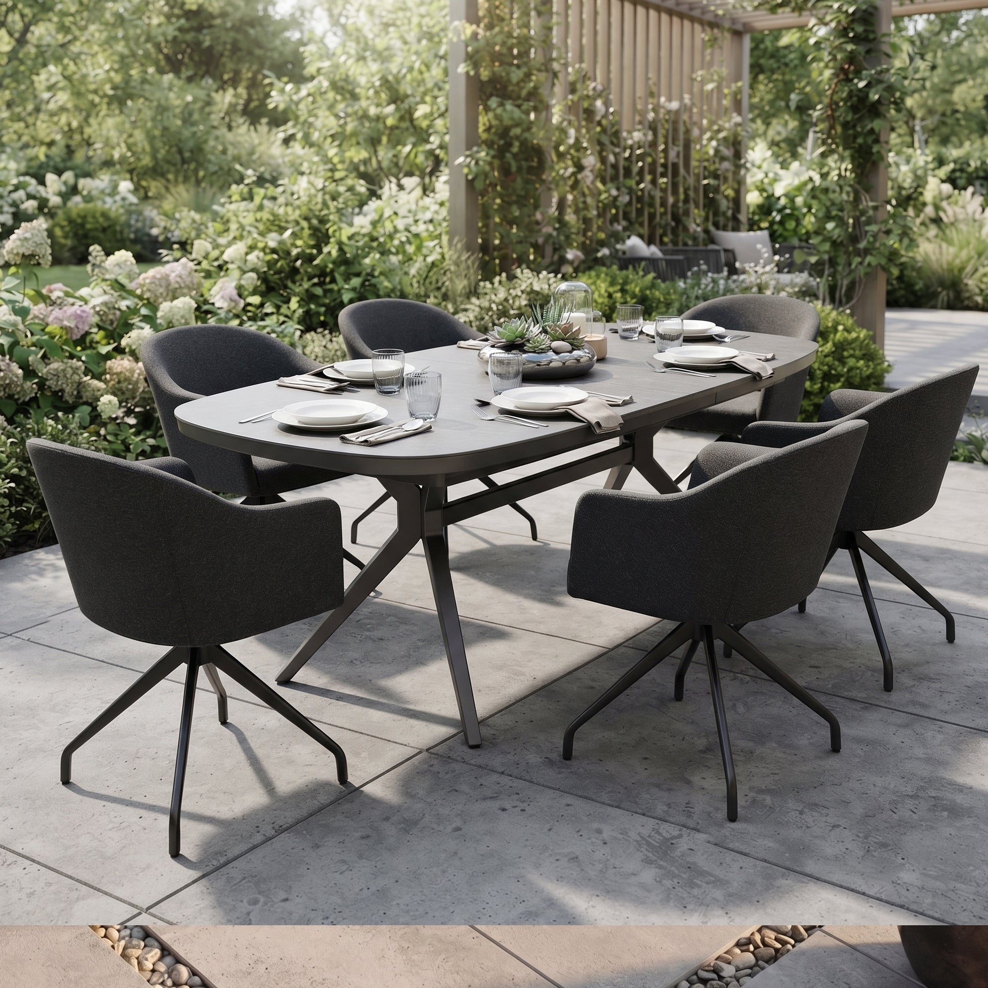 Dining-Set AURORA – Ausziehtisch mit 6 Nixon Lava Outdoor-Drehsesseln Sesseln - 100% wetterfest!