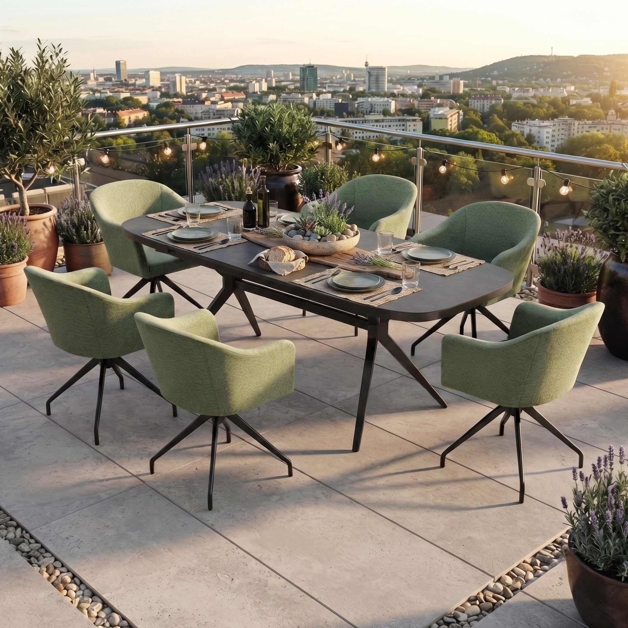 Dining-Set AURORA – Ausziehtisch mit 6 Nixon Olive Outdoor-Drehsesseln Sesseln - 100% wetterfest!