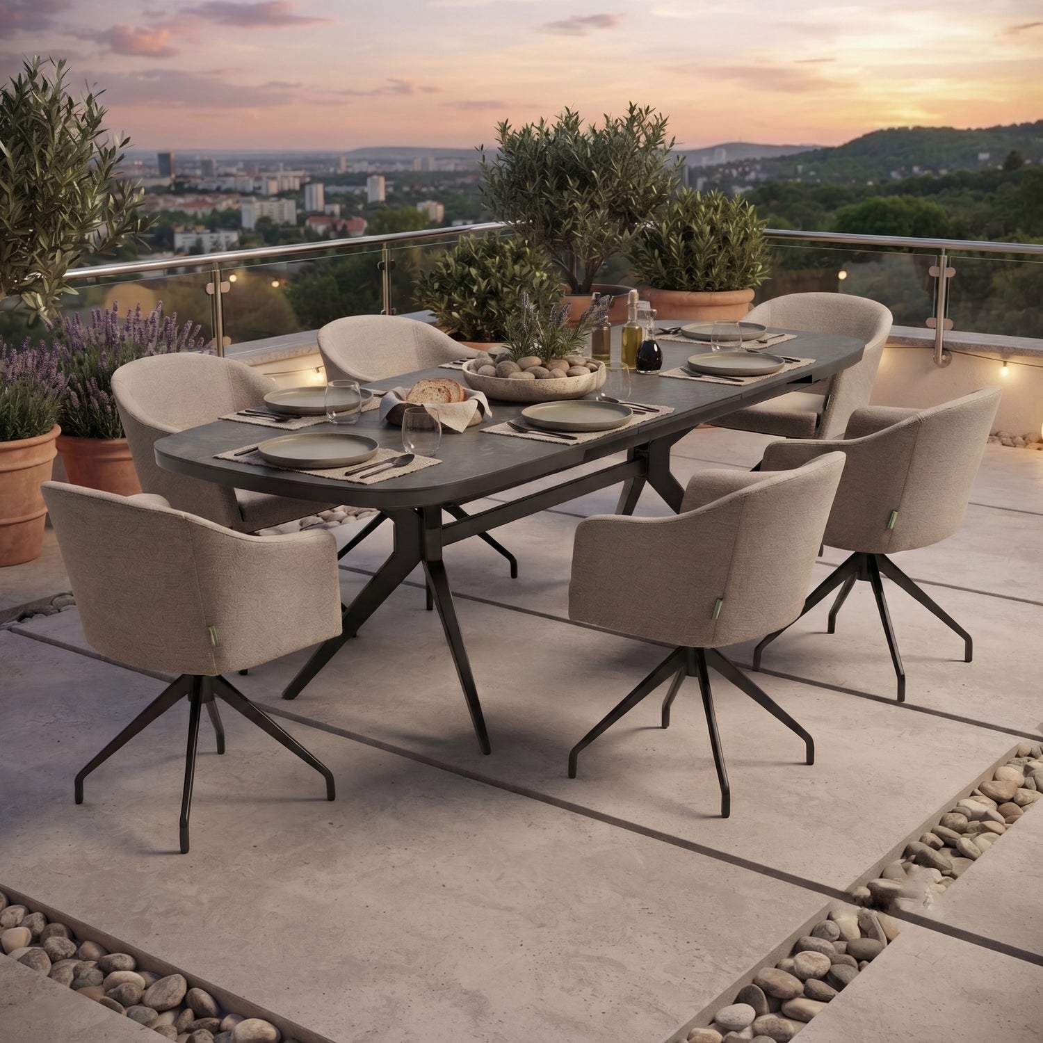Dining-Set AURORA – Ausziehtisch mit 6 Nixon Sand Outdoor-Drehsesseln Sesseln - 100% wetterfest!