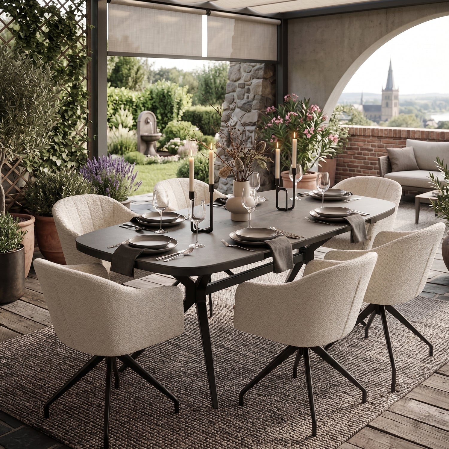 Dining-Set AURORA – Ausziehtisch mit 6 Nixon Pearl Outdoor-Drehsesseln Sesseln - 100% wetterfest!