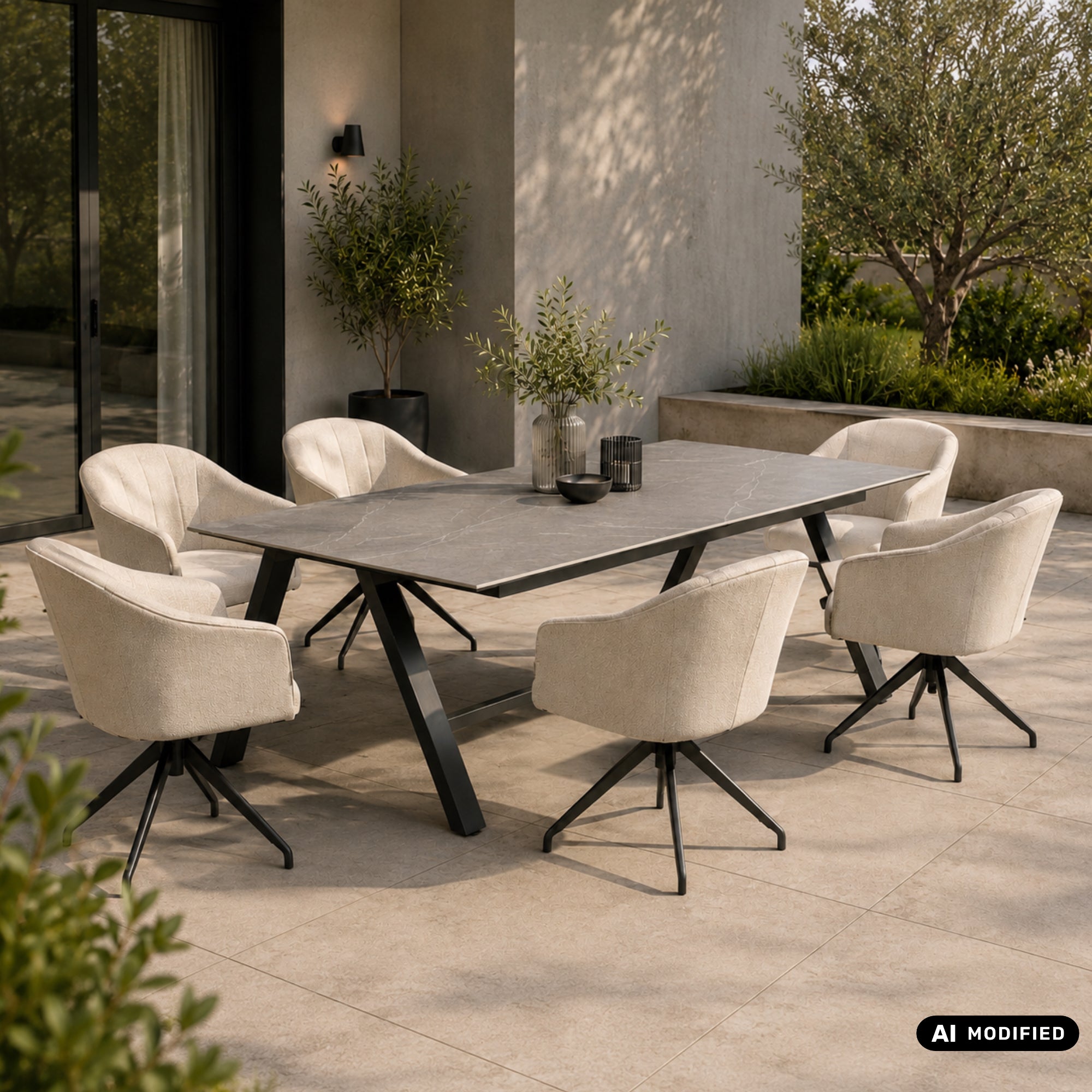 OUTDOOR DINING AUF PREMIUM-NIVEAU! Aluminium / VELUVÉ by LIKA-TEX® Dining Set NIXON &amp; AVANTAGE – 6 Drehsessel + Sintered-Stone Tisch
