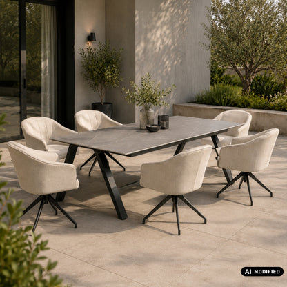 OUTDOOR DINING AUF PREMIUM-NIVEAU! Aluminium / VELUVÉ by LIKA-TEX® Dining Set NIXON &amp; AVANTAGE – 6 Drehsessel + Sintered-Stone Tisch