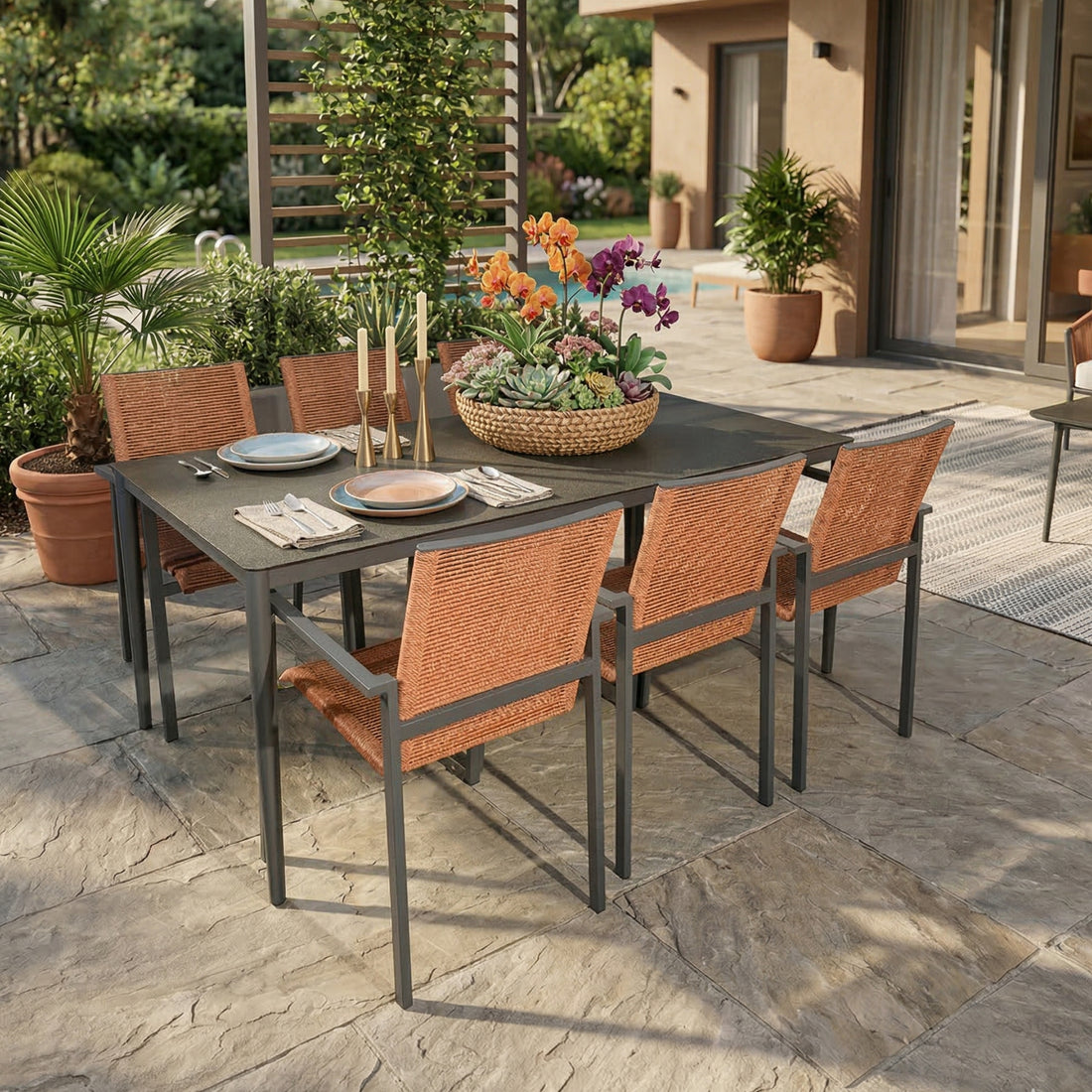 ☀️Summer Deal !☀️ Gartenmöbel Set ZOE / 6x Stapelsessel in Kupfer &amp; 1x Palermo Tisch 180 × 90 × 76,5 cm