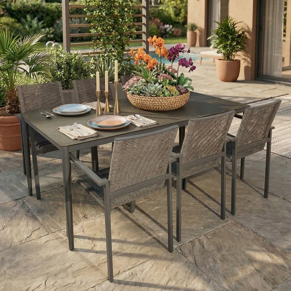 ☀️Summer Deal !☀️  Gartenmöbel Set ZOE / 6x Stapelsessel in Grau &amp; 1x Palermo Tisch 180 × 90 × 76,5 cm