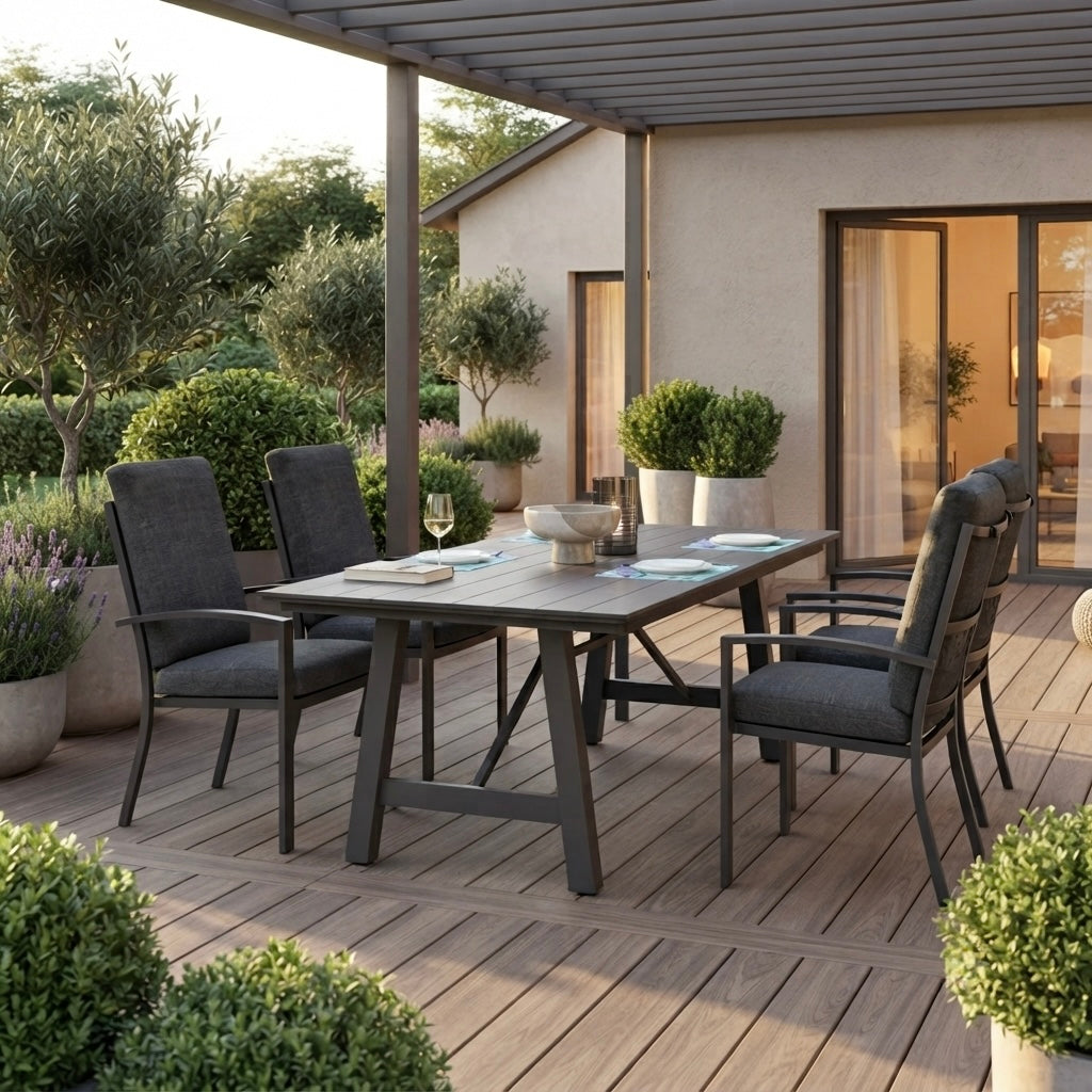 SUMMER SALE ☀️⛱️🏝️  Gartenmöbel-Set „Phönix &amp; Neapel“ – Aluminium-Diningtisch mit 4 Dining Sesseln