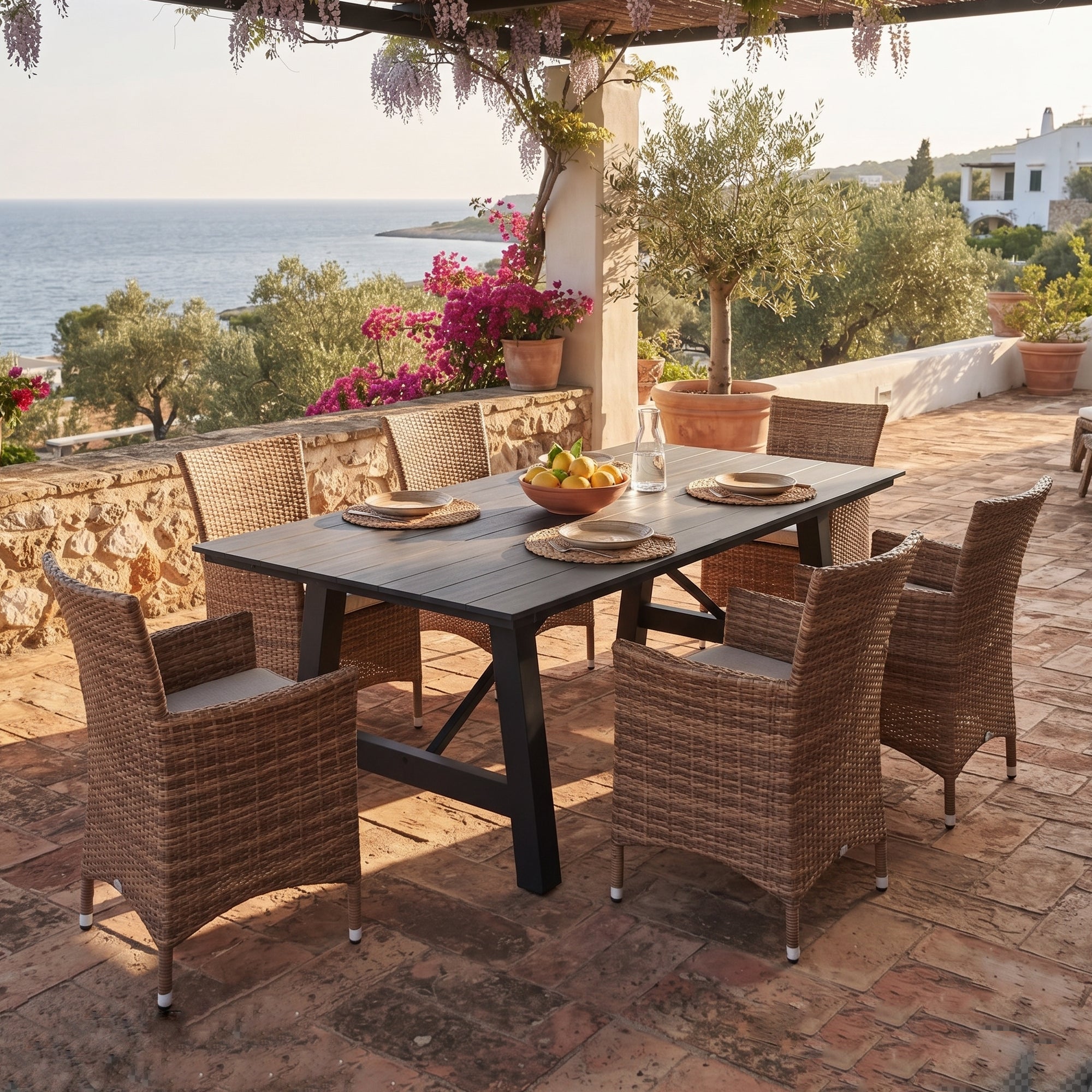 Garten-Essgruppe Iguana &amp; Phönix – 7-teilig mit 6 Sesseln und Aluminiumtisch
