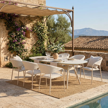 LUXUS! Dining Set PURO – 365 Tage draußen leben - 6 x Puro Stapelsessel in PEARL &amp; 1 x Puro Tisch