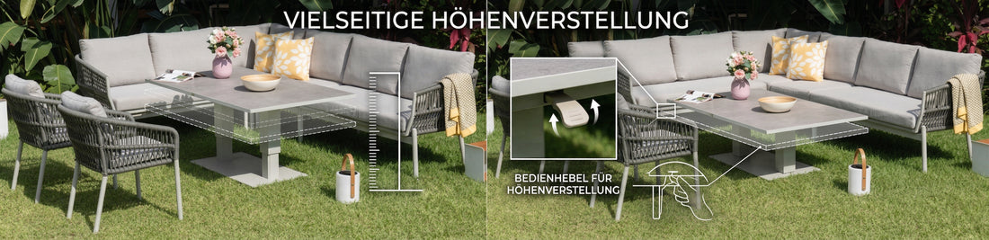 🌼FRÜHLINGS-ANGEBOT🌼 XXL Luxus: Aluminium / Rope Dining Ecklounge Set Solara inkl. 2 Sessel &amp;  höhenverstellbare Tisch variabel stellbar
