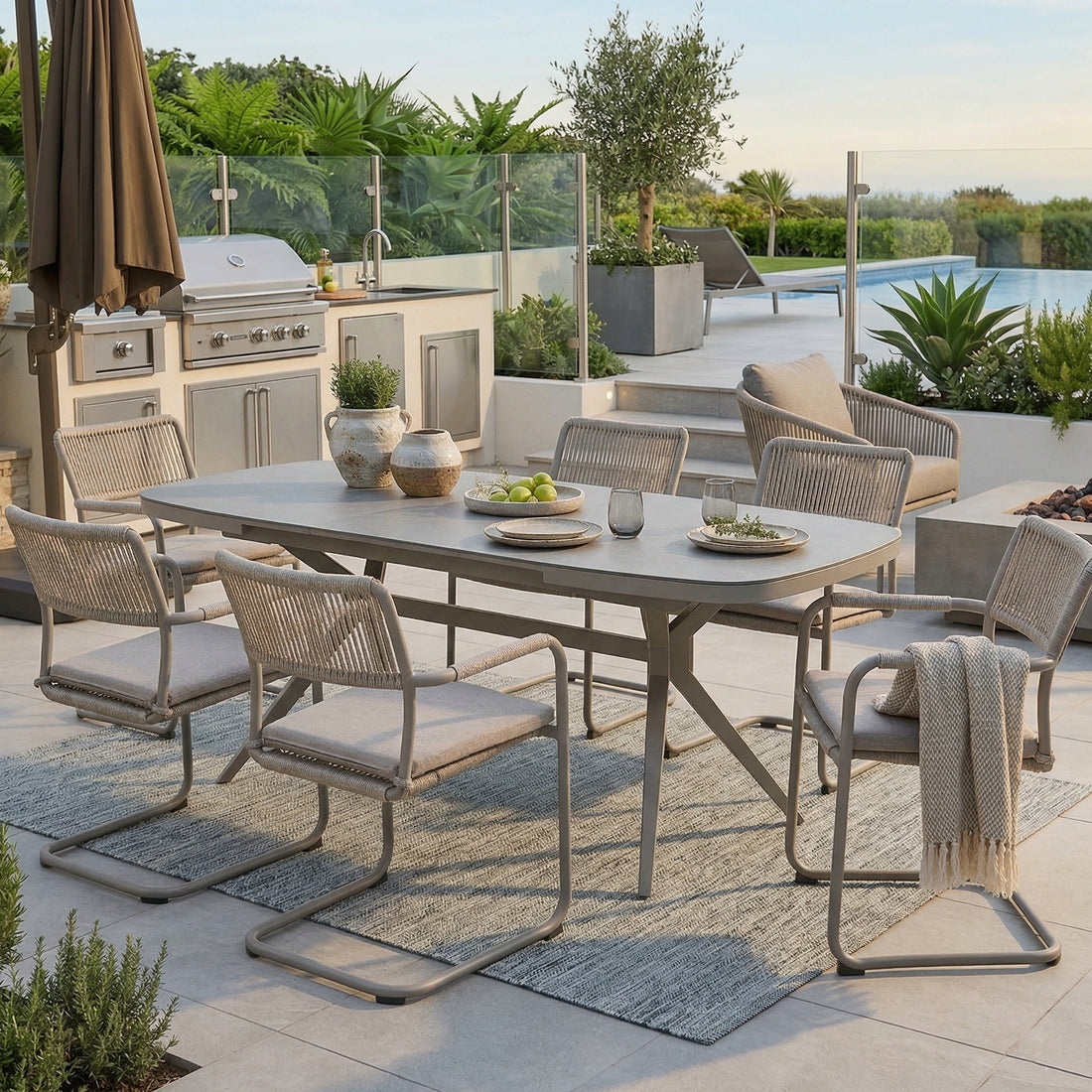 PREMIUM! 7-teiliges Dining Set AURORA / MADRI – Flexibel ausziehbar &amp; entspannt schwingen